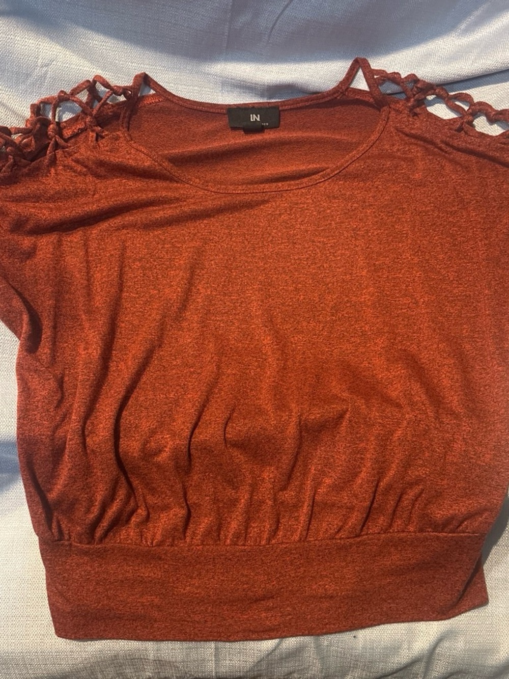 I.N. San Francisco Rust Orange Short Sleeve Knit Crop Top with Lattice Shoulders